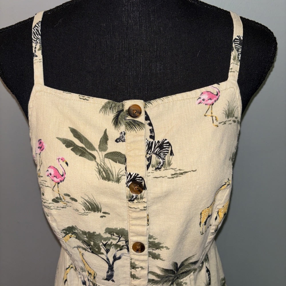 Old Navy Tan Safari Animal Print Linen Midi Dress Sz S Bohemian - Picture 2 of 10